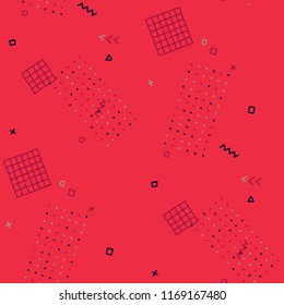 Modern Memphis Pattern. Seamless Background for Chintz, Calico, Fabric in Trendy Style. Colorful Geometric Pattern with Hand Drawn Scribble Elements. Colorful Triangles, Rings, Zigzags and Dots.