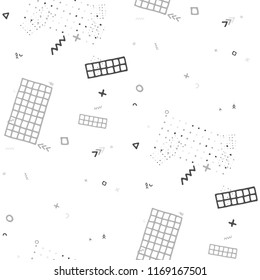 Modern Memphis Pattern. Seamless Background for Wallpaper, Cotton, Swimwear in Trendy Style. Bright Geometric Pattern with Hand Drawn Scribble Elements. Colorful Triangles, Rings, Zigzags and Dots.