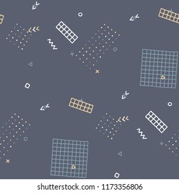 Modern Memphis Pattern. Seamless Background for Card, Print, Textile in Trendy Style. Colorful Geometric Pattern with Hand Drawn Scribble Elements. Colorful Triangles, Rings, Zigzags and Dots.