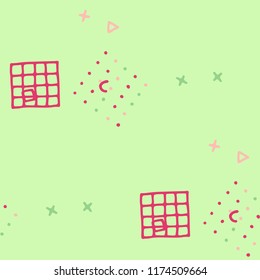 Modern Memphis Pattern. Seamless Background for Card, Banner, Cover in Trendy Style. Bright Geometric Pattern with Hand Drawn Scribble Elements. Colorful Triangles, Rings, Zigzags and Dots.