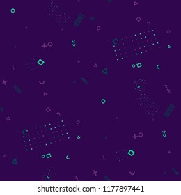 Modern Memphis Pattern. Seamless Background for Wallpaper, Fabric, Swimwear in Trendy Style. Bright Geometric Pattern with Hand Drawn Scribble Elements. Colorful Triangles, Rings, Zigzags and Dots.