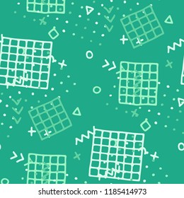Modern Memphis Pattern. Seamless Background for Wallpaper, Fabric, Cloth in Trendy Style. Bright Geometric Pattern with Hand Drawn Scribble Elements. Colorful Triangles, Rings, Zigzags and Dots.