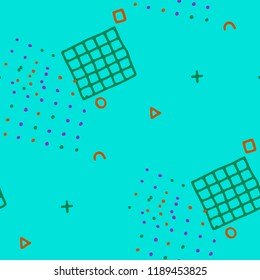 Modern Memphis Pattern. Seamless Background for Banner, Poster, Cloth in Trendy Style. Bright Geometric Pattern with Hand Drawn Scribble Elements. Colorful Triangles, Rings, Zigzags and Dots.