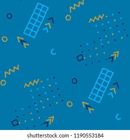 Modern Memphis Pattern. Seamless Background for Wallpaper, Fabric, Swimwear in Trendy Style. Colorful Geometric Pattern with Hand Drawn Scribble Elements. Colorful Triangles, Rings, Zigzags and Dots.