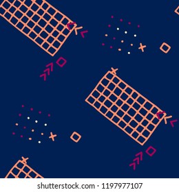 Modern Memphis Pattern. Seamless Background for Card, Poster, Cover in Trendy Style. Colorful Geometric Pattern with Hand Drawn Scribble Elements. Colorful Triangles, Rings, Zigzags and Dots.