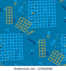 Modern Memphis Pattern. Seamless Background for Chintz, Cotton, Swimwear in Trendy Style. Bright Geometric Pattern with Hand Drawn Scribble Elements. Colorful Triangles, Rings, Zigzags and Dots.