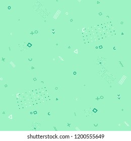 Modern Memphis Pattern. Seamless Background for Wallpaper, Calico, Fabric in Trendy Style. Colorful Geometric Pattern with Hand Drawn Scribble Elements. Colorful Triangles, Rings, Zigzags and Dots.