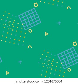 Modern Memphis Pattern. Seamless Background for Banner, Poster, Cloth in Trendy Style. Bright Geometric Pattern with Hand Drawn Scribble Elements. Colorful Triangles, Rings, Zigzags and Dots.