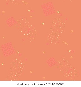 Modern Memphis Pattern. Seamless Background for Card, Banner, Cover in Trendy Style. Bright Geometric Pattern with Hand Drawn Scribble Elements. Colorful Triangles, Rings, Zigzags and Dots.