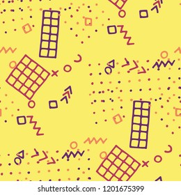 Modern Memphis Pattern. Seamless Background for Banner, Poster, Cover in Trendy Style. Colorful Geometric Pattern with Hand Drawn Scribble Elements. Colorful Triangles, Rings, Zigzags and Dots.