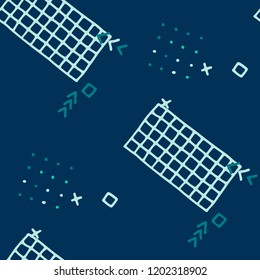 Modern Memphis Pattern. Seamless Background for Card, Print, Textile in Trendy Style. Colorful Geometric Pattern with Hand Drawn Scribble Elements. Colorful Triangles, Rings, Zigzags and Dots.