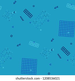 Modern Memphis Pattern. Seamless Background for Wallpaper, Fabric, Swimwear in Trendy Style. Colorful Geometric Pattern with Hand Drawn Scribble Elements. Colorful Triangles, Rings, Zigzags and Dots.