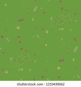 Modern Memphis Pattern. Seamless Background for Card, Print, Textile in Trendy Style. Colorful Geometric Pattern with Hand Drawn Scribble Elements. Colorful Triangles, Rings, Zigzags and Dots.
