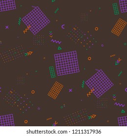 Modern Memphis Pattern. Seamless Background for Wallpaper, Fabric, Cloth in Trendy Style. Bright Geometric Pattern with Hand Drawn Scribble Elements. Colorful Triangles, Rings, Zigzags and Dots.