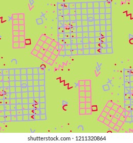 Modern Memphis Pattern. Seamless Background for Wallpaper, Cotton, Swimwear in Trendy Style. Bright Geometric Pattern with Hand Drawn Scribble Elements. Colorful Triangles, Rings, Zigzags and Dots.