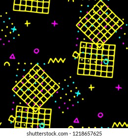 Modern Memphis Pattern. Seamless Background for Chintz, Cotton, Fabric in Trendy Style. Bright Geometric Pattern with Hand Drawn Scribble Elements. Colorful Triangles, Rings, Zigzags and Dots.