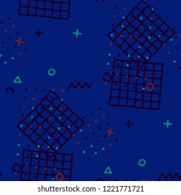 Modern Memphis Pattern. Seamless Background for Card, Poster, Cover in Trendy Style. Bright Geometric Pattern with Hand Drawn Scribble Elements. Colorful Triangles, Rings, Zigzags and Dots.