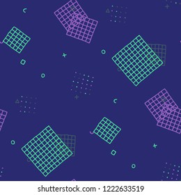 Modern Memphis Pattern. Seamless Background for Banner, Poster, Cover in Trendy Style. Bright Geometric Pattern with Hand Drawn Scribble Elements. Colorful Triangles, Rings, Zigzags and Dots.