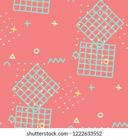 Modern Memphis Pattern. Seamless Background for Banner, Poster, Cloth in Trendy Style. Bright Geometric Pattern with Hand Drawn Scribble Elements. Colorful Triangles, Rings, Zigzags and Dots.