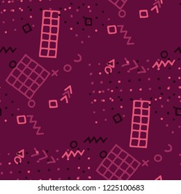 Modern Memphis Pattern. Seamless Background for Banner, Poster, Cloth in Trendy Style. Colorful Geometric Pattern with Hand Drawn Scribble Elements. Colorful Triangles, Rings, Zigzags and Dots.