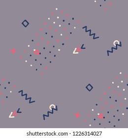Modern Memphis Pattern. Seamless Background for Card, Poster, Cover in Trendy Style. Colorful Geometric Pattern with Hand Drawn Scribble Elements. Colorful Triangles, Rings, Zigzags and Dots.