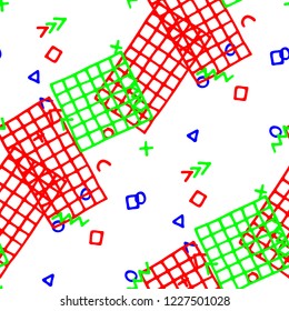 Modern Memphis Pattern. Seamless Background for Card, Print, Textile in Trendy Style. Colorful Geometric Pattern with Hand Drawn Scribble Elements. Colorful Triangles, Rings, Zigzags and Dots.