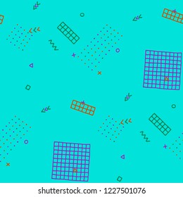 Modern Memphis Pattern. Seamless Background for Wallpaper, Fabric, Swimwear in Trendy Style. Bright Geometric Pattern with Hand Drawn Scribble Elements. Colorful Triangles, Rings, Zigzags and Dots.