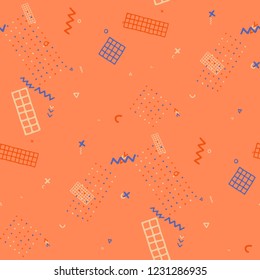 Modern Memphis Pattern. Seamless Background for Banner, Poster, Cloth in Trendy Style. Bright Geometric Pattern with Hand Drawn Scribble Elements. Colorful Triangles, Rings, Zigzags and Dots.