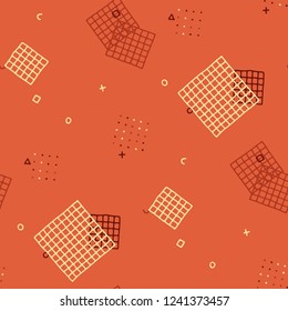 Modern Memphis Pattern. Seamless Background for Card, Print, Textile in Trendy Style. Colorful Geometric Pattern with Hand Drawn Scribble Elements. Colorful Triangles, Rings, Zigzags and Dots.