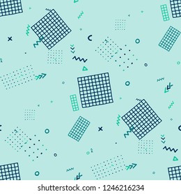 Modern Memphis Pattern. Seamless Background for Chintz, Cotton, Fabric in Trendy Style. Colorful Geometric Pattern with Hand Drawn Scribble Elements. Colorful Triangles, Rings, Zigzags and Dots.