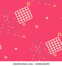 Modern Memphis Pattern. Seamless Background for Card, Banner, Cover in Trendy Style. Bright Geometric Pattern with Hand Drawn Scribble Elements. Colorful Triangles, Rings, Zigzags and Dots.