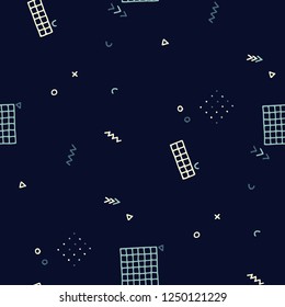 Modern Memphis Pattern. Seamless Background for Wallpaper, Fabric, Swimwear in Trendy Style. Colorful Geometric Pattern with Hand Drawn Scribble Elements. Colorful Triangles, Rings, Zigzags and Dots.