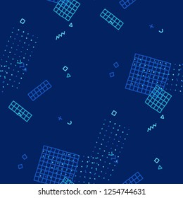 Modern Memphis Pattern. Seamless Background for Banner, Poster, Cover in Trendy Style. Bright Geometric Pattern with Hand Drawn Scribble Elements. Colorful Triangles, Rings, Zigzags and Dots.