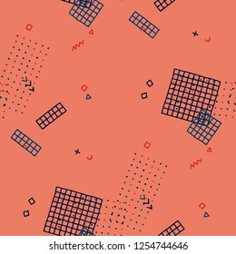 Modern Memphis Pattern. Seamless Background for Banner, Fabric, Cloth in Trendy Style. Bright Geometric Pattern with Hand Drawn Scribble Elements. Colorful Triangles, Rings, Zigzags and Dots.