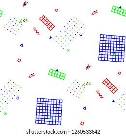 Modern Memphis Pattern. Seamless Background for Card, Print, Textile in Trendy Style. Colorful Geometric Pattern with Hand Drawn Scribble Elements. Colorful Triangles, Rings, Zigzags and Dots.