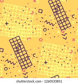 Modern Memphis Pattern. Seamless Background for Wallpaper, Cotton, Swimwear in Trendy Style. Colorful Geometric Pattern with Hand Drawn Scribble Elements. Colorful Triangles, Rings, Zigzags and Dots.