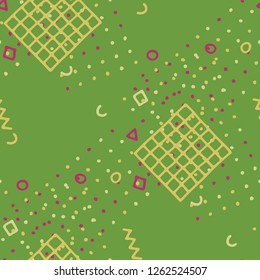 Modern Memphis Pattern. Seamless Background for Card, Poster, Cover in Trendy Style. Bright Geometric Pattern with Hand Drawn Scribble Elements. Colorful Triangles, Rings, Zigzags and Dots.