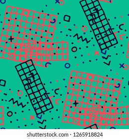 Modern Memphis Pattern. Seamless Background for Banner, Fabric, Cloth in Trendy Style. Bright Geometric Pattern with Hand Drawn Scribble Elements. Colorful Triangles, Rings, Zigzags and Dots.