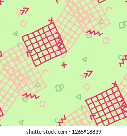 Modern Memphis Pattern. Seamless Background for Card, Print, Textile in Trendy Style. Bright Geometric Pattern with Hand Drawn Scribble Elements. Colorful Triangles, Rings, Zigzags and Dots.