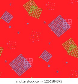 Modern Memphis Pattern. Seamless Background for Chintz, Calico, Fabric in Trendy Style. Bright Geometric Pattern with Hand Drawn Scribble Elements. Colorful Triangles, Rings, Zigzags and Dots.