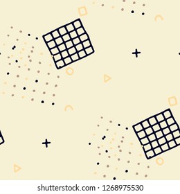 Modern Memphis Pattern. Seamless Background for Chintz, Cotton, Fabric in Trendy Style. Bright Geometric Pattern with Hand Drawn Scribble Elements. Colorful Triangles, Rings, Zigzags and Dots.