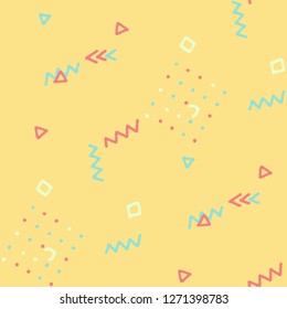 Modern Memphis Pattern. Seamless Background for Wallpaper, Cotton, Swimwear in Trendy Style. Colorful Geometric Pattern with Hand Drawn Scribble Elements. Colorful Triangles, Rings, Zigzags and Dots.