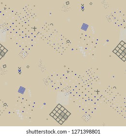 Modern Memphis Pattern. Seamless Background for Banner, Fabric, Cloth in Trendy Style. Bright Geometric Pattern with Hand Drawn Scribble Elements. Colorful Triangles, Rings, Zigzags and Dots.