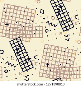Modern Memphis Pattern. Seamless Background for Chintz, Calico, Fabric in Trendy Style. Bright Geometric Pattern with Hand Drawn Scribble Elements. Colorful Triangles, Rings, Zigzags and Dots.