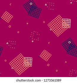 Modern Memphis Pattern. Seamless Background for Wallpaper, Cotton, Swimwear in Trendy Style. Colorful Geometric Pattern with Hand Drawn Scribble Elements. Colorful Triangles, Rings, Zigzags and Dots.