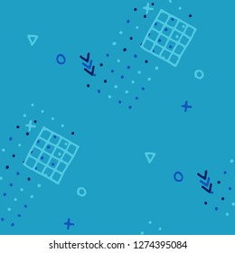 Modern Memphis Pattern. Seamless Background for Chintz, Calico, Fabric in Trendy Style. Bright Geometric Pattern with Hand Drawn Scribble Elements. Colorful Triangles, Rings, Zigzags and Dots.