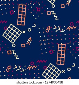 Modern Memphis Pattern. Seamless Background for Card, Banner, Cover in Trendy Style. Colorful Geometric Pattern with Hand Drawn Scribble Elements. Colorful Triangles, Rings, Zigzags and Dots.