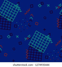 Modern Memphis Pattern. Seamless Background for Wallpaper, Calico, Fabric in Trendy Style. Bright Geometric Pattern with Hand Drawn Scribble Elements. Colorful Triangles, Rings, Zigzags and Dots.