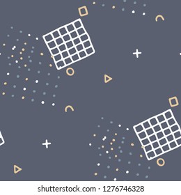 Modern Memphis Pattern. Seamless Background for Wallpaper, Fabric, Swimwear in Trendy Style. Colorful Geometric Pattern with Hand Drawn Scribble Elements. Colorful Triangles, Rings, Zigzags and Dots.