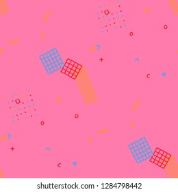 Modern Memphis Pattern. Seamless Background for Card, Banner, Cover in Trendy Style. Bright Geometric Pattern with Hand Drawn Scribble Elements. Colorful Triangles, Rings, Zigzags and Dots.